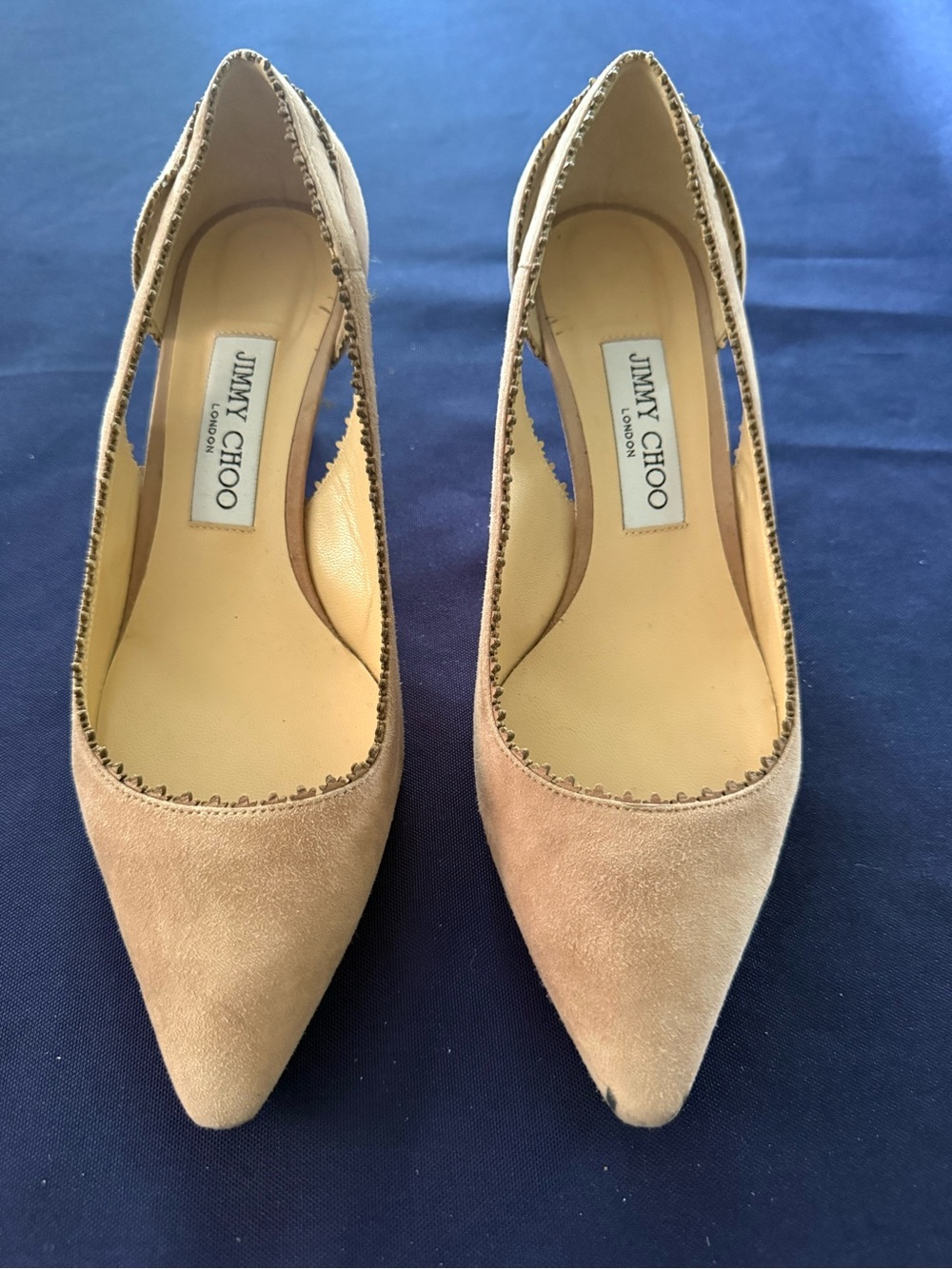 Jimmy Choo Beige Suede Pointed-Toe Pumps with Scalloped Trim